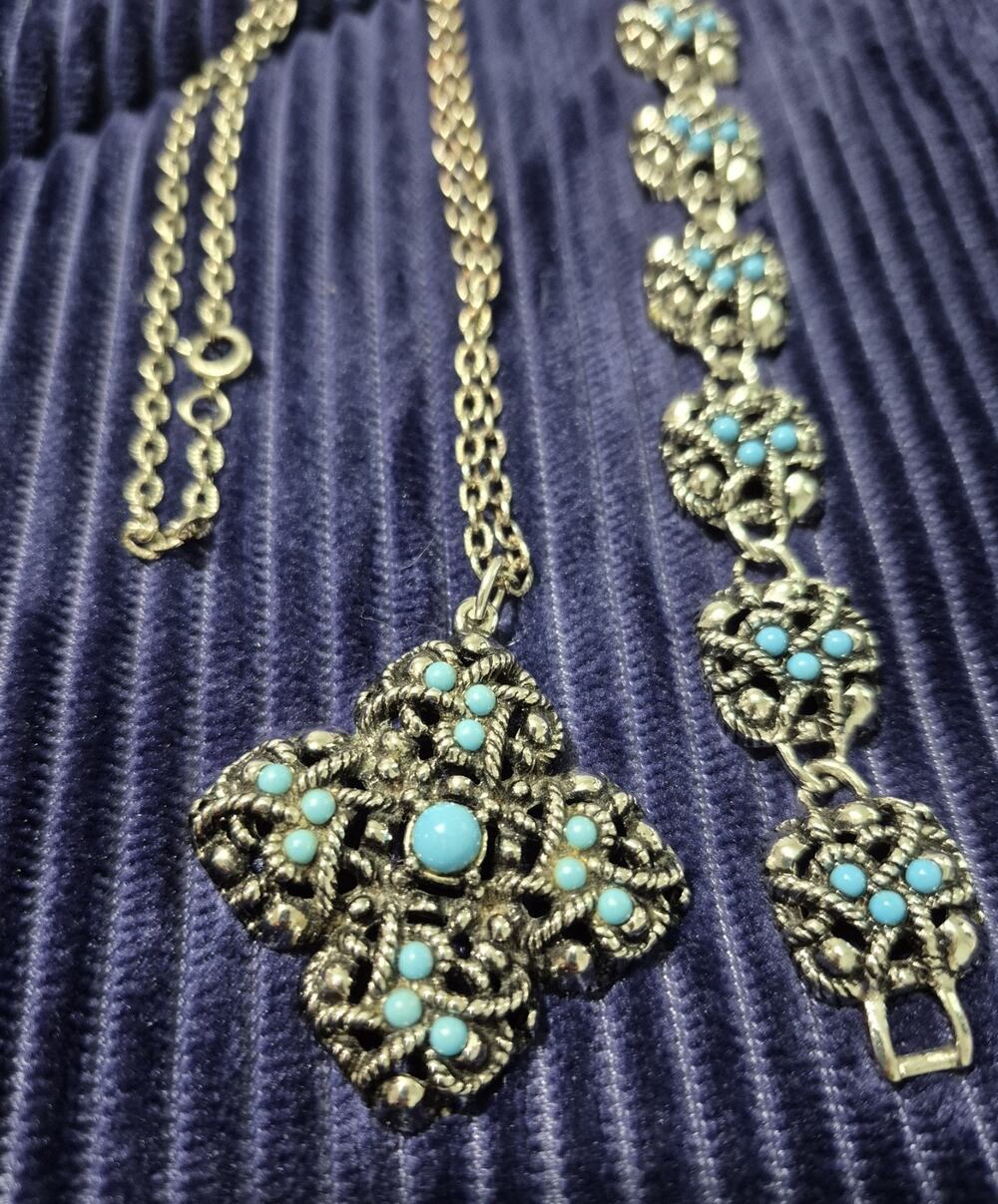 Vtg 1973 Avon Sierra Faux Turquoise Silver Tone Necklace Bracelet Set